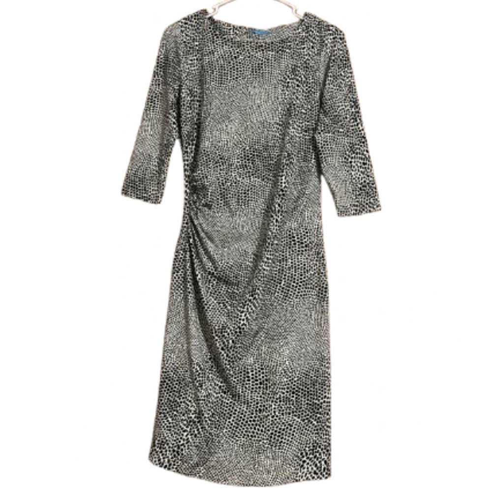 J.McLaughlin Women Ruched Black & Cream Animal Print 3/4 Sleeve Midi Dress Sz-XS